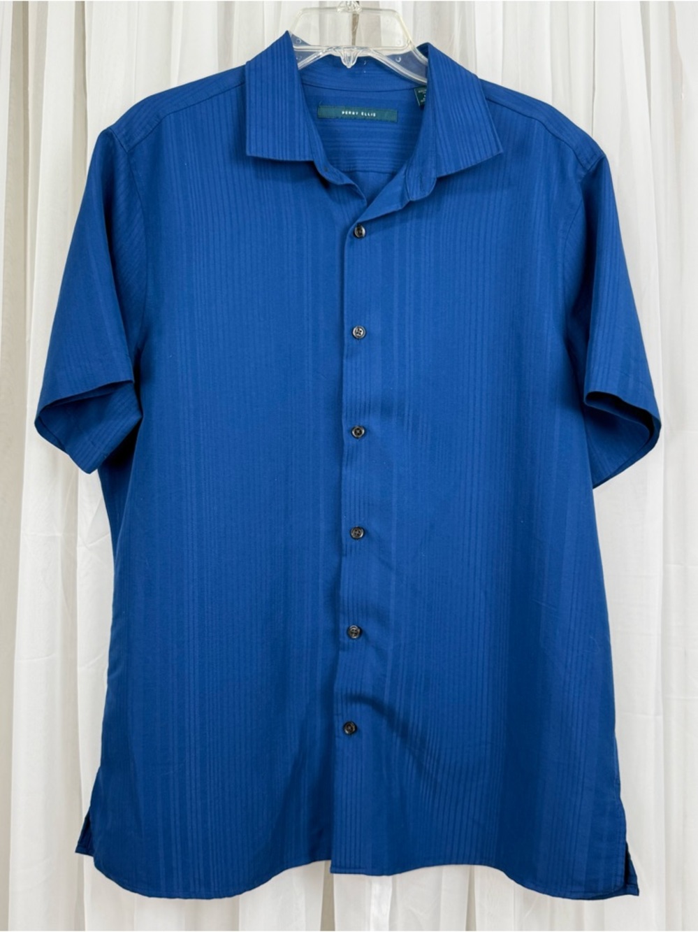 Perry Ellis Men Large Blue Button Up Shirt Short Sleeve Striped Texture